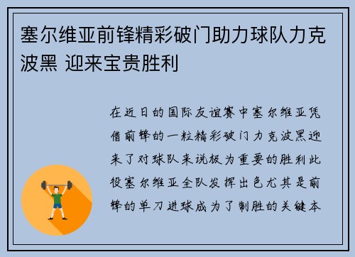 塞尔维亚前锋精彩破门助力球队力克波黑 迎来宝贵胜利