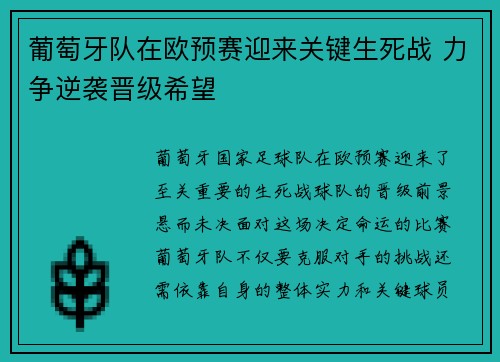 葡萄牙队在欧预赛迎来关键生死战 力争逆袭晋级希望
