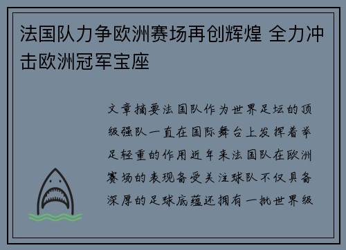 法国队力争欧洲赛场再创辉煌 全力冲击欧洲冠军宝座
