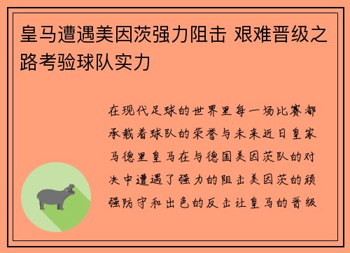 皇马遭遇美因茨强力阻击 艰难晋级之路考验球队实力