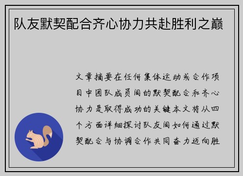 队友默契配合齐心协力共赴胜利之巅