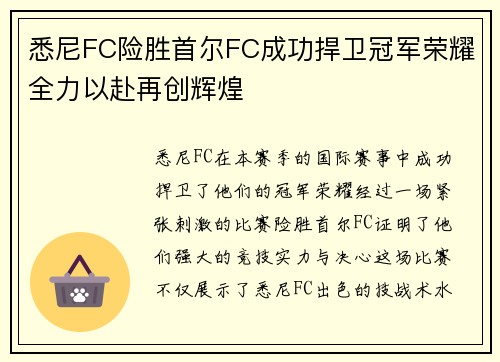 悉尼FC险胜首尔FC成功捍卫冠军荣耀全力以赴再创辉煌
